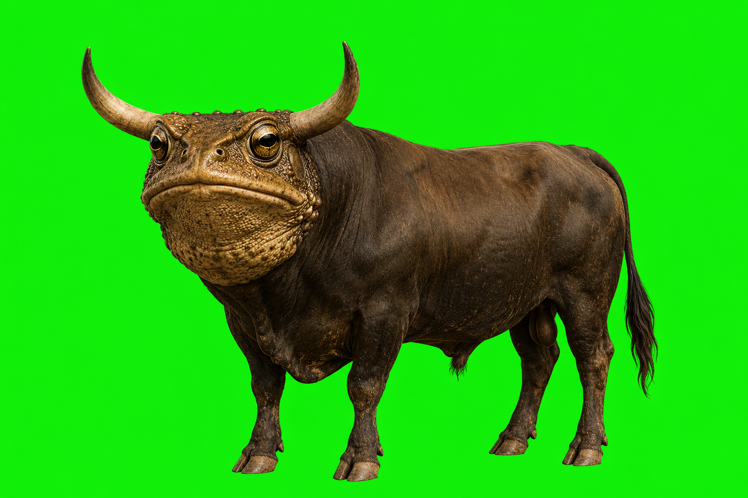 TOADBULL mascot: a toad-headed bull on green screen